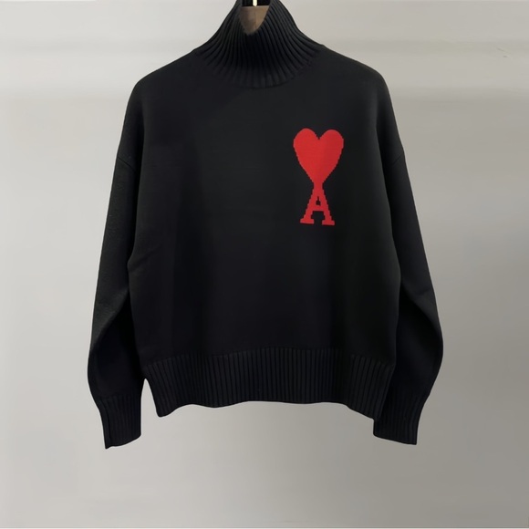 Ami Sweaters - Black Sweater with Red Heart Design